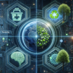 The illustration captures the essence of sustainability and eco-consciousness within the realm of AI and ChatGPT prompts. Each section visually represents the key concepts of reusing, repurposing, responsible decision-making, and global eco-awareness, integrated with a futuristic AI theme.