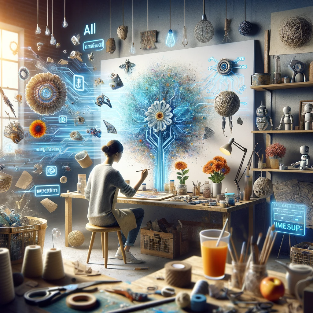 A person creating artwork from recycled items, with AI-driven narrative prompts floating in the background. This image illustrates the transformative power of storytelling in promoting recycling. The individual is deeply engaged in the creative process, surrounded by a variety of recycled materials being artfully repurposed. The workspace is bright and welcoming, filled with tools and materials for art creation, under the guidance of inspiring AI prompts.