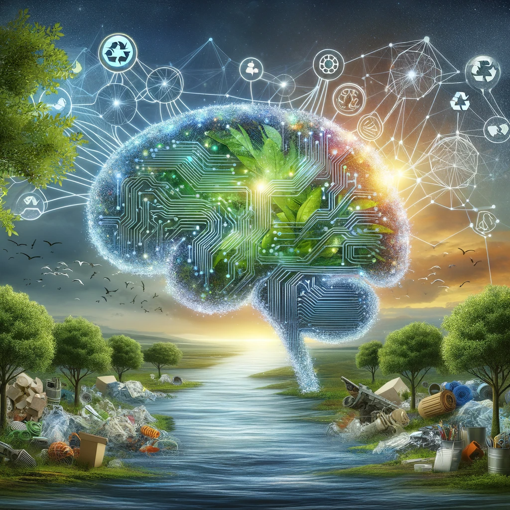 An illustration of an AI brain intertwined with nature, symbolizing the harmony between technology and sustainability efforts in recycling and repurposing. The brain, depicted as a network of circuits and neurons, seamlessly integrates with natural elements like trees and water, highlighting the collaborative relationship between advanced technology and ecological practices.