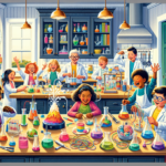 An imaginative home laboratory set up in a cozy kitchen, where a diverse group of children, dressed as junior scientists, are gleefully conducting various colorful and safe science experiments. The scene includes a bubbling volcano model, homemade slime, and a simple circuit project, all surrounded by household items like vinegar, baking soda, and food coloring.
