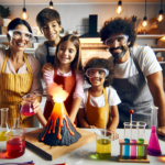 An illustration of a family conducting a colorful volcano experiment in the kitchen, with the parents and two children wearing safety goggles and aprons, surrounded by scientific equipment like beakers and test tubes, in a bright and cheerful setting.