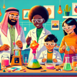 A bright and colorful illustration of a family with two kids, a boy and a girl, conducting fun science experiments at home. They are in a cheerful kitchen setting with lab coats and safety goggles, surrounded by common household items like vinegar, baking soda, and food coloring. Various experimental setups are depicted, such as a homemade volcano eruption, a simple electrical circuit with a battery and bulb, and plants growing in different environmental conditions.