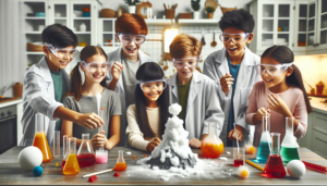 Cheerful children of diverse ethnicities wearing safety goggles and lab coats, conducting colorful science experiments in a bright, cluttered home kitchen. They are observing a homemade volcano eruption experiment with baking soda and vinegar, while bubbles and smoke float around them, illustrating a fun and educational atmosphere.