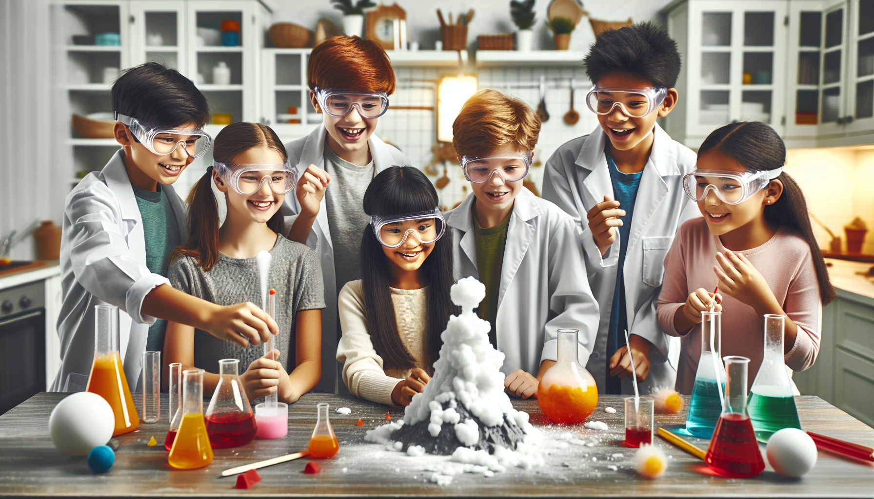 Cheerful children of diverse ethnicities wearing safety goggles and lab coats, conducting colorful science experiments in a bright, cluttered home kitchen. They are observing a homemade volcano eruption experiment with baking soda and vinegar, while bubbles and smoke float around them, illustrating a fun and educational atmosphere.
