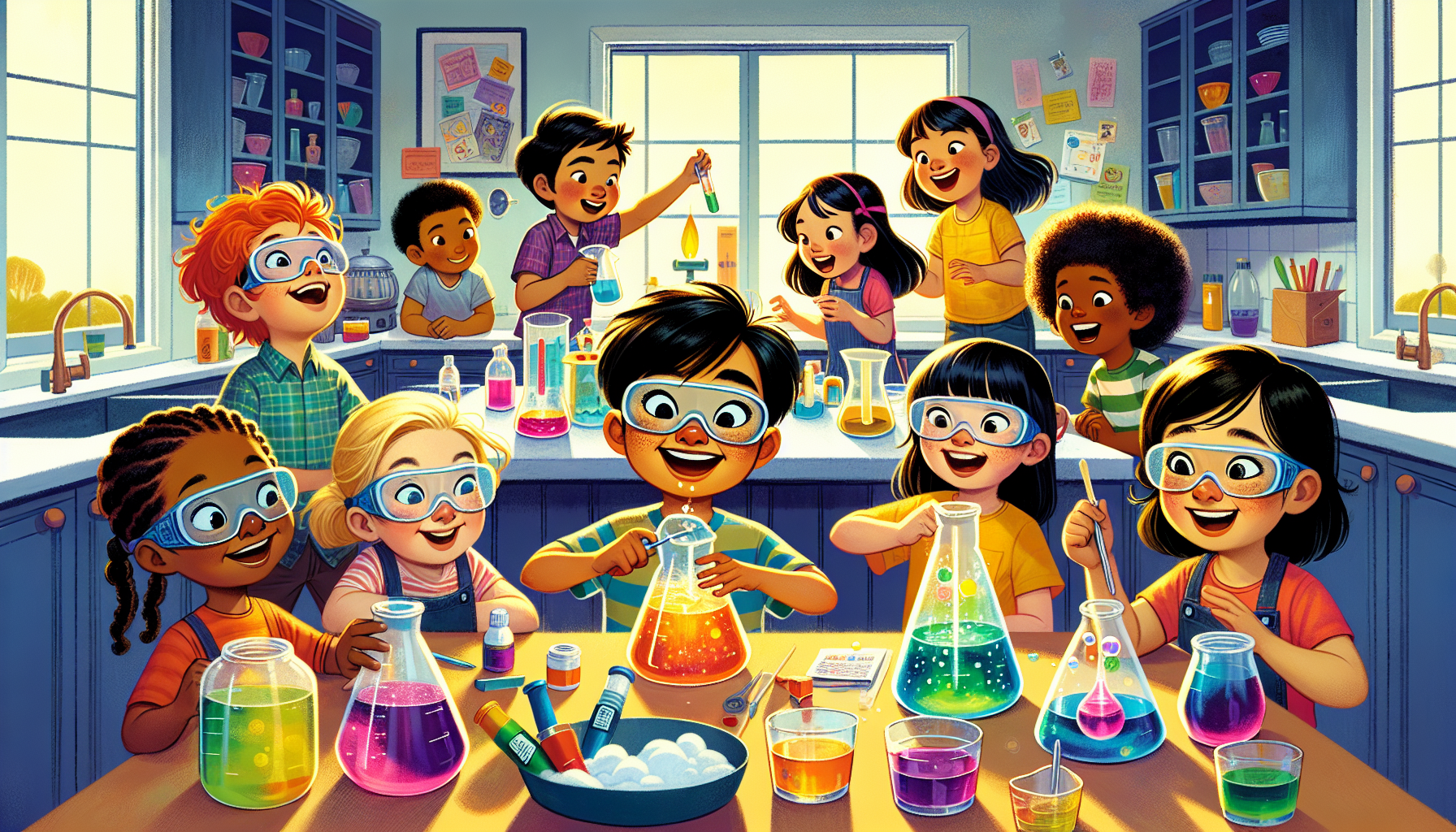 Children happily conducting colorful science experiments at a kitchen table, surrounded by household items like vinegar, baking soda, and food coloring, with excited expressions and safety goggles, in a bright, well-lit kitchen setting.