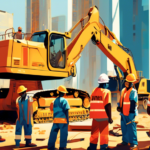 An artistic representation of a diverse group of people in safety gear operating various types of heavy machinery on a vibrant construction site, showcasing a sunny day with skyscrapers in the backgro