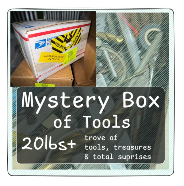 A promotional image for a 'Mystery Box of Tools' weighing 20 lbs or more. The image includes a USPS shipping box with warning labels and a pile of assorted tools. The text overlay describes the box as a trove of tools, treasures, and total surprises.